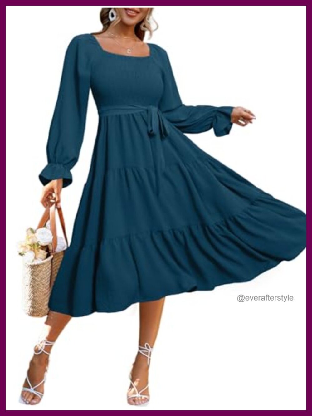 Womens Long Sleeve Smocked Maxi Dress Square Neck Flowy Fall Wedding Guest